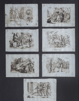 512.  JOSEP PUIGGARÍ Y LLOBET (Barcelona, 1821-1903)​Conjunto de siete escenas, dos de los oficios de panadero y labrador y el resto dedicadas a obras literarias.