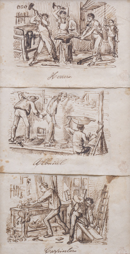 841.  JOSEP PUIGGARÍ Y LLOBET (Barcelona, 1821-1903)Tres escenas con los oficios de herrero, carpintero y albañil