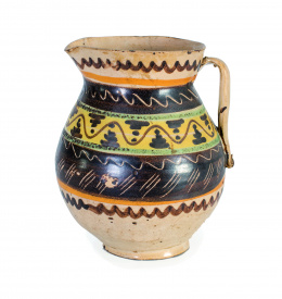 991.  Jarro de cerámica esmaltado en ocre y verde, de la “serie de bandas” con asa sogueada.Puente del Arzobispo, S. XIX..