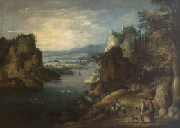 508.  CÍRCULO DE JOOS DE MOMPER (Escuela flamenca, siglo XVII)Paisaje montañoso con un río y un grupo de viajeros descansando en el camino.