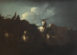 524.  PHILIPP PETER ROOS, llamado ROSA DA TÍVOLI (1657-1706)Escena con ovejas y carneros en un paisaje.