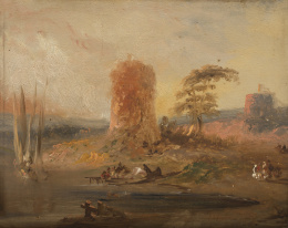 557.  GENARO PÉREZ VILLAAMIL (A Coruña, 1807 - Madrid, 1854)Boceto de un paisaje al atardecer.