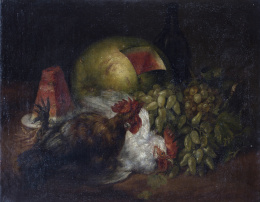552.  ESCUELA ESPAÑOLA, SIGLO XIXBodegón con dos gallos, uvas y sandia.