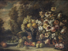 860.1.  JOSÉ VALENZUELA PALOMAR (1929-2001)Bodegón de frutas sobre un paisaje.