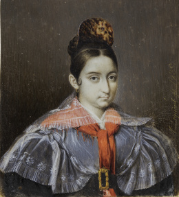 841.  ANTONIO MARÍA ESQUIVEL (1806-1857)Retrato de niña con peineta y pañuelo rojo.