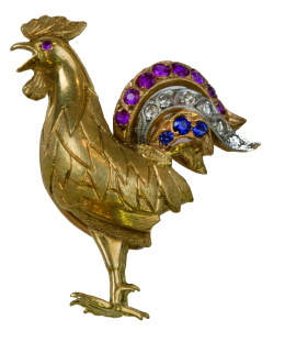 83.  Broche clip S. XIX en forma de gallo con cola de diamantes, rubíes y zafiros