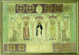 462.  Bordado en terciopelo, damasco, aplicaciones con santos bajo arcos y dos ángeles.Trabajo español, S. XVI - XVII.