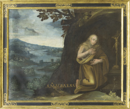 863.  ESCUELA VALLISOLETANA, SIGLO XVIIMagdalena penitente sobre un paisaje.