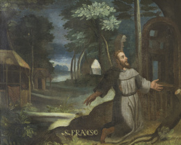 864.  ESCUELA VALLISOLETANA, SIGLO XVIISan Francisco en un paisaje.