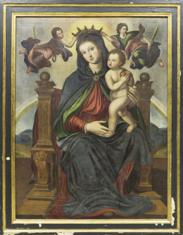 905.  ESCUELA VALENCIANA, SIGLO XVIIVirgen con niño entronizada coronada por dos ángeles.