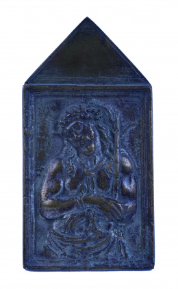 1203.  “Cristo atado a la columna”Porta paz de bronce dorado.Trabajo castellano, S. XIX.
