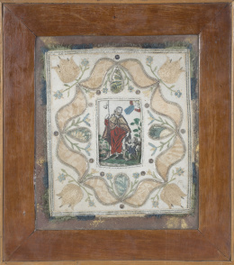 1009.  Bordado Carlos IV con grabado coloreado de San Roque, lentejuelas aplicadas e hilos de color y plateados, damasco. Trabajo español, h. 1800.