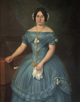 843.  JUAN DE MATA PRAT (Escuela española, 1851)Retrato de dama con vestido azul