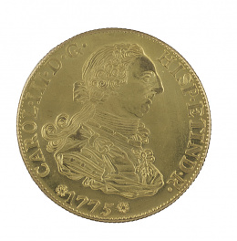 611.  Moneda de 8 escudos de Carlos III de 1775 Sevilla S-CF. Probablemente reproducción.