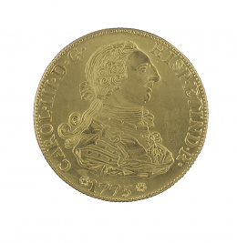 613.  Moneda oro 8 escudos de Carlos III de 1775 Sevilla S-CF. Probablemente reproducción. 