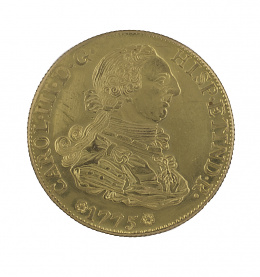 614.  Moneda de 8 escudos de Carlos III de 1775 Sevilla S-CF. Probablemente reproducción