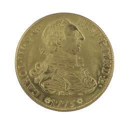 615.  Moneda de 8 escudos de Carlos III de 1775 Sevilla S-CF. Probablemente reproducción. 