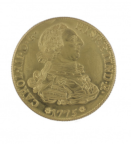 616.  Moneda de 8 escudos de Carlos III de 1775 Sevilla S-CF. Probablemente reproducción. 