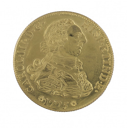 617.  Moneda de 8 escudos de Carlos III de 1775 Sevilla S-CF. Probablemente reproducción