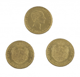 622.  Tres monedas de 25 ptas de Alfonso XII de 1877. MH. MM. Probablemente reproducción