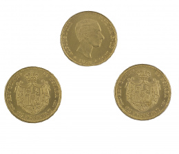 623.  Tres monedas de 25 ptas de Alfonso XII de 1876. MH. MM. Probablemente reproducción
