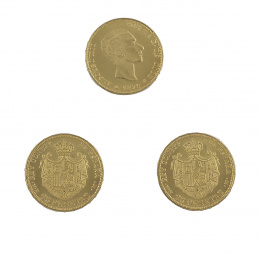 624.  Tres monedas de 25 ptas de Alfonso XII de 1876. MH. MM. Probablemente reproducción