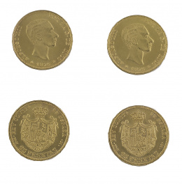 625.  Cuatro monedas de 25 ptas de Alfonso XII de 1876. MH. MM. Probablemente reproducción