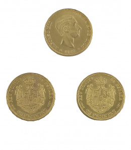 626.  Tres monedas de 25 ptas de Alfonso XII de 1883. MH. MM. Probablemente reproducción