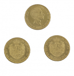 627.  Tres monedas de 25 ptas de Alfonso XII de 1883. MH. MM. Probablemente reproducción. 