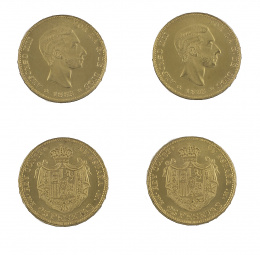 628.  Cuatro monedas de 25 ptas de Alfonso XII de 1876. MH. MM. Probablemente reproducción