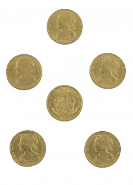 629.  Seis monedas de 100 reales de Isabel II de 1862. Probablemente reproducción