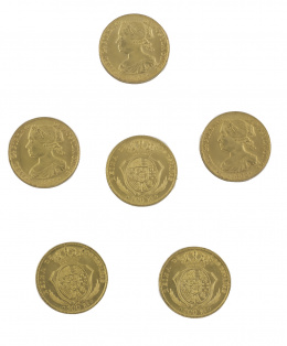 630.  Seis monedas de 100 reales de Isabel II de 1862. Probablemente reproducción. 