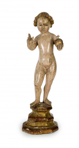 1449.  “Niño Jesús como Salvator Mundi”  Escultura de bulto redondo en madera tallada y parcialmente dorada. Escuela de Malinas, S. XV - XVI.
