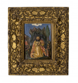 1430.  “San Pedro”Alabastro policromado y tallado, con marco de madera tallada y dorada, S. XVII.Trabajo Indoportugés, S. XVII..