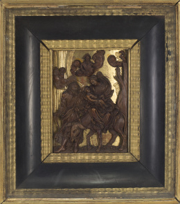1357.  “La Huidas a Egipto”Madera tallada, aplicada sobre madera dorada.Trabajo flamenco, S. XVII.