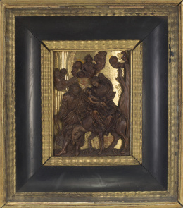 1357.  “La Huidas a Egipto”Madera tallada, aplicada sobre madera dorada.Trabajo flamenco, S. XVII.