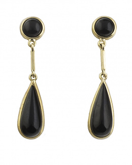 349.  Pendientes largos con cabuchón y perilla de ónix en oro de 18K