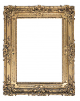 1132.  Marco en madera y estuco, dorado, de perfil abarquillado y contorno sinuoso con ornamentos vegetales en centros y esquinas. Inglaterra, primera mitad S. XIX.