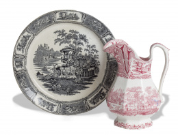 406.  Fuente circular de loza estampada en negro, de la serie de la góndola .Sargadelos, tercera época (1845-1862).