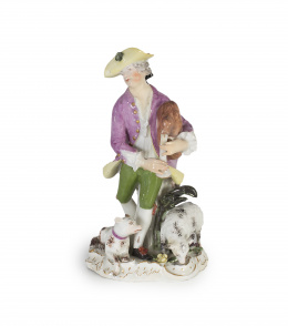 1058.  Gaitero con ovejas, Figura escultórica de porcelana esmaltada.Inglaterra, S. XVIII