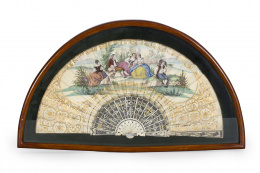 854.  Abanico litografiado, iluminado y dorado con una escena de cortejo en un paisaje, padrones de nácar, decoración de plata corleada y tallada.h. 1820-1830