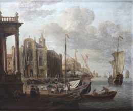 863.  ABRAHAM STORCK (1644-1708)Vista de un puerto probablmente a orillas del Rhin, 1693.