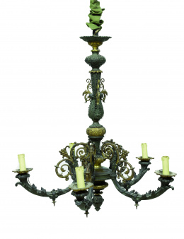 395.  Lámpara de techo de 5 brazos de luz en bronce patinado y dorado.Francia, S. XIX.