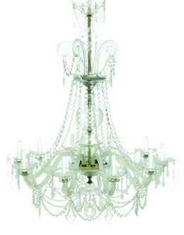 410.  Lámpara de diez brazos de luz de vidrio soplado, con pandelocas y guirnaldas.La Granja, S. XX.
