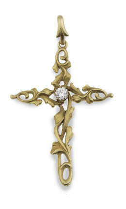 72.  Cruz Art Nouveau con brillante central de 0,50 ct y brazos en forma de ramas entrelazadas