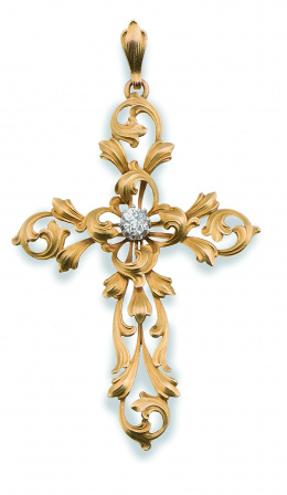 29.  Cruz Art Nouveau con brillante central de 0,35 ct y brazos en forma de ramas entrelazadas