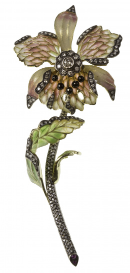 328.  Delicado broche tremblant de orquídea con esmalte y brillantes