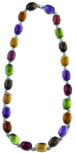 734.  Conjunto de collar y pendientes de cabuchones de turmalinas, peridotos, amatistas, cuarzos y topacios alternos con brillantes en rosetones