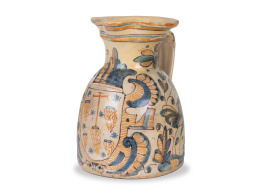 1391.  Jarro vinatero de cerámica esmaltada de la serie tricolor, con escudo.Talavera, S. XVII.