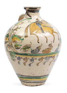 534.  Orza de cerámica esmaltada con caballo, fechada 1892  y nombre del propietario, Peña.Puente del Arzobispo, 1892.
